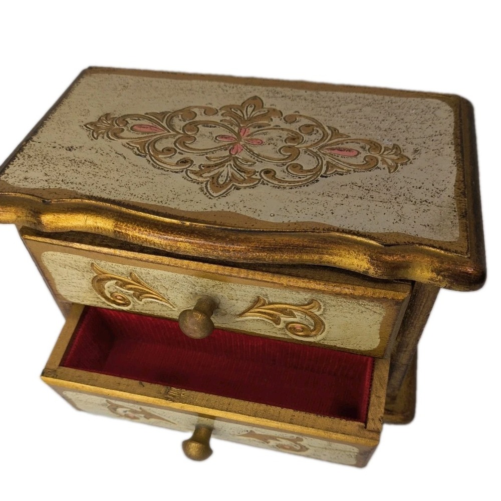 VTG 1960s Florentine Style 2-Drawer SM/LG Wood Music Jewelry Box WORKS 5.5"x7.5"